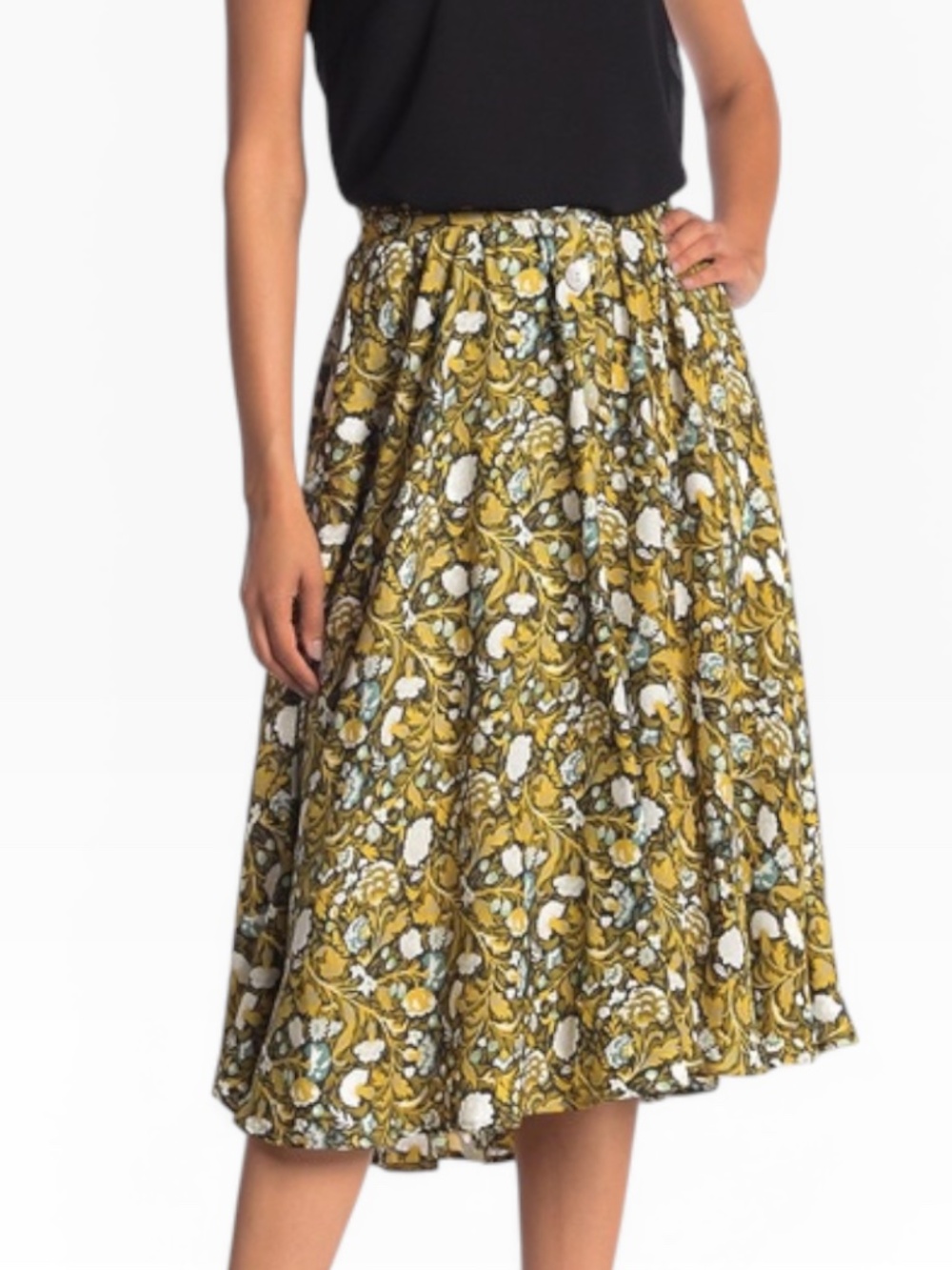 Catherine Malandrino Yellow Green Floral Midi Skirt NWT